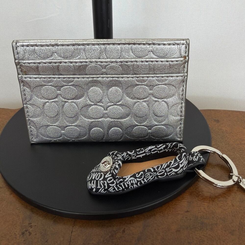 Coach Metallic Silver Embossed Logo 3-Pocket Cardholder Ballet Flat Keychain